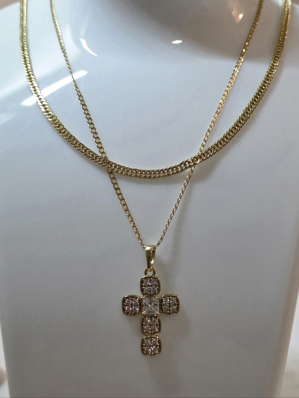Cross Cubic Pendant Layered Double Curb 22" & Cuban 24" Necklace Set